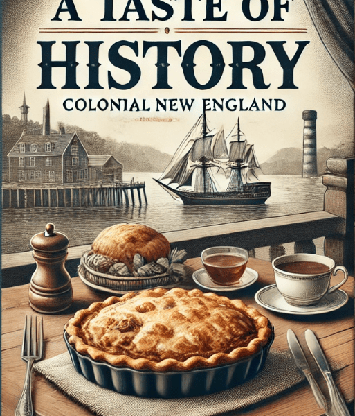 Colonial New England, featuring people in 18th and 19th-century attire, enjoying traditional Rhode Island dishes with English, Irish, Portuguese, and Italian influences, including seafood, corn, maple sugar, and turkey.
