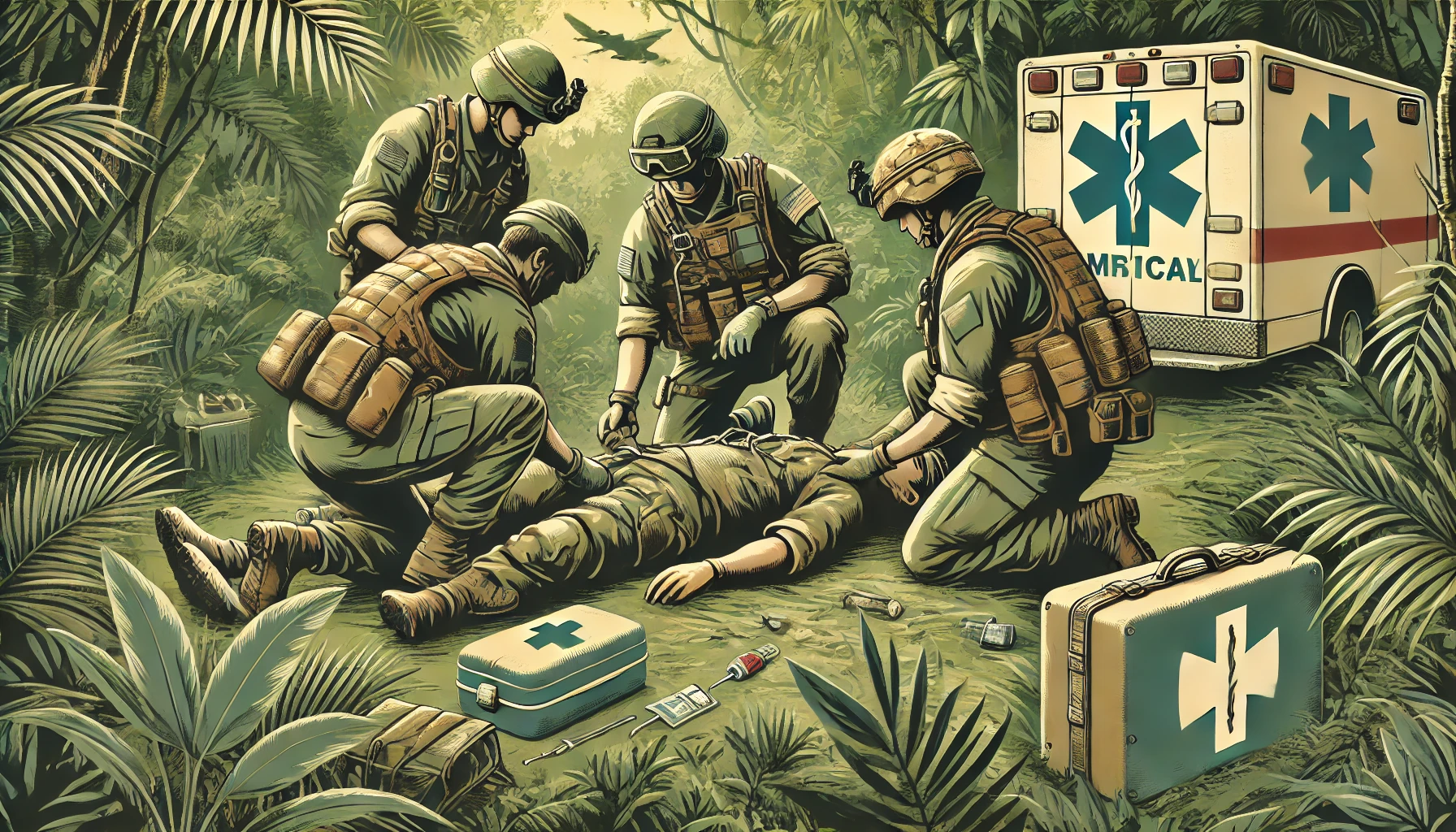 Graphic image of military medics providing emergency medical care in a dense jungle. The scene shows medics attending to an injured soldier with medical supplies scattered around, set against a background of thick jungle foliage. The image uses earthy tones like greens and browns to emphasize the jungle and military theme