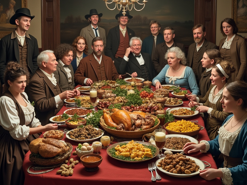 Colonial New England, featuring people in 18th and 19th-century attire, enjoying traditional Rhode Island dishes with English, Irish, Portuguese, and Italian influences, including seafood, corn, maple sugar, and turkey.