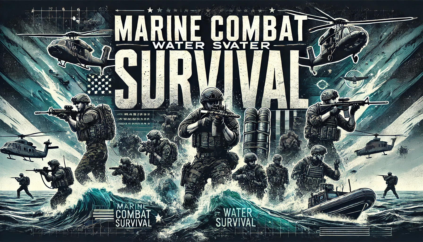 Marine Combat Water Survival banner featuring a background of rough ocean waves, military gear, and soldiers training in water