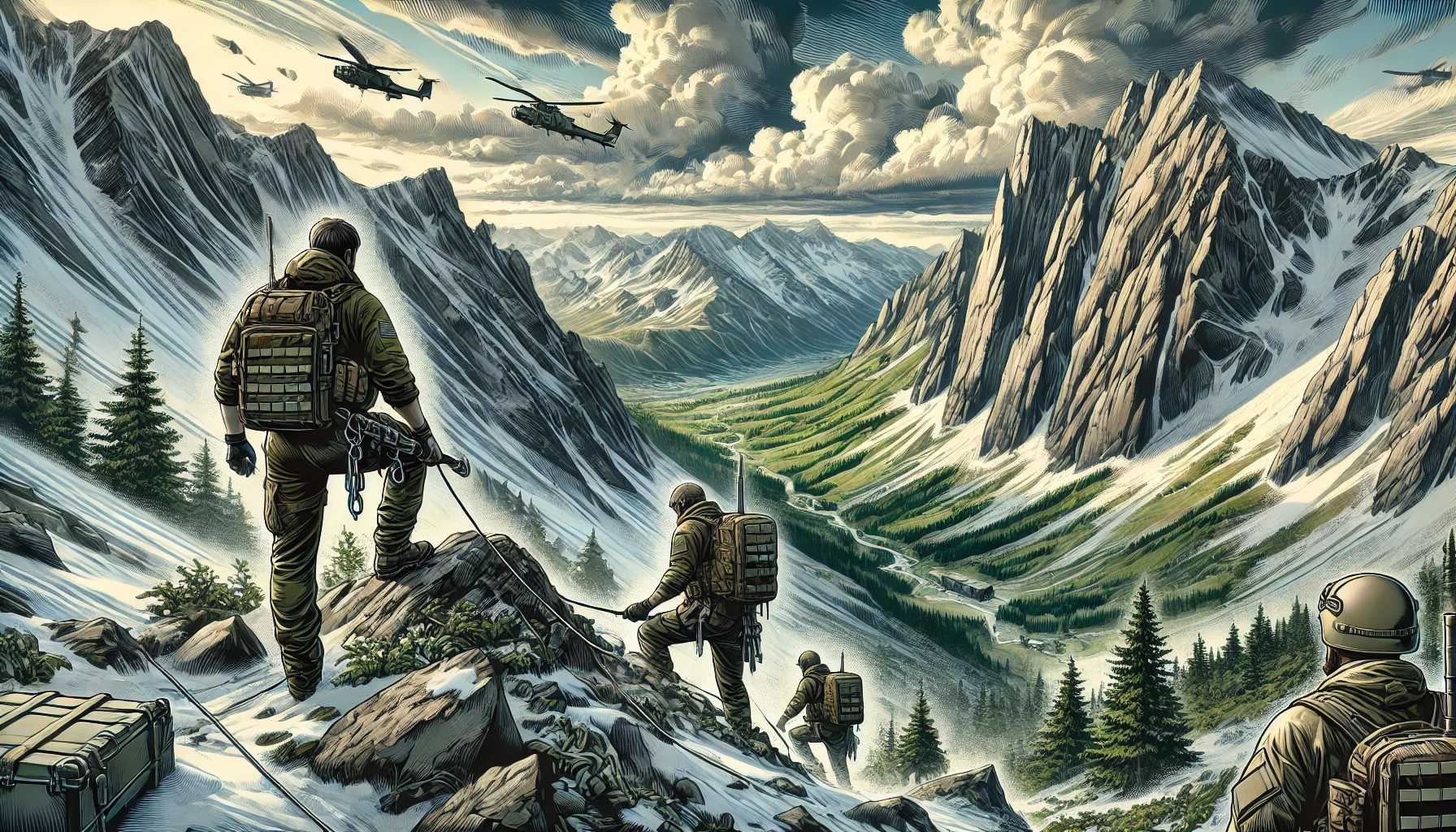 Mountainous landscape with soldiers in tactical gear climbing steep cliffs and traversing forests, using ropes and mountaineering tools. The scene highlights challenging weather conditions, emphasizing military training, resilience, and preparedness for operations in mountainous terrain