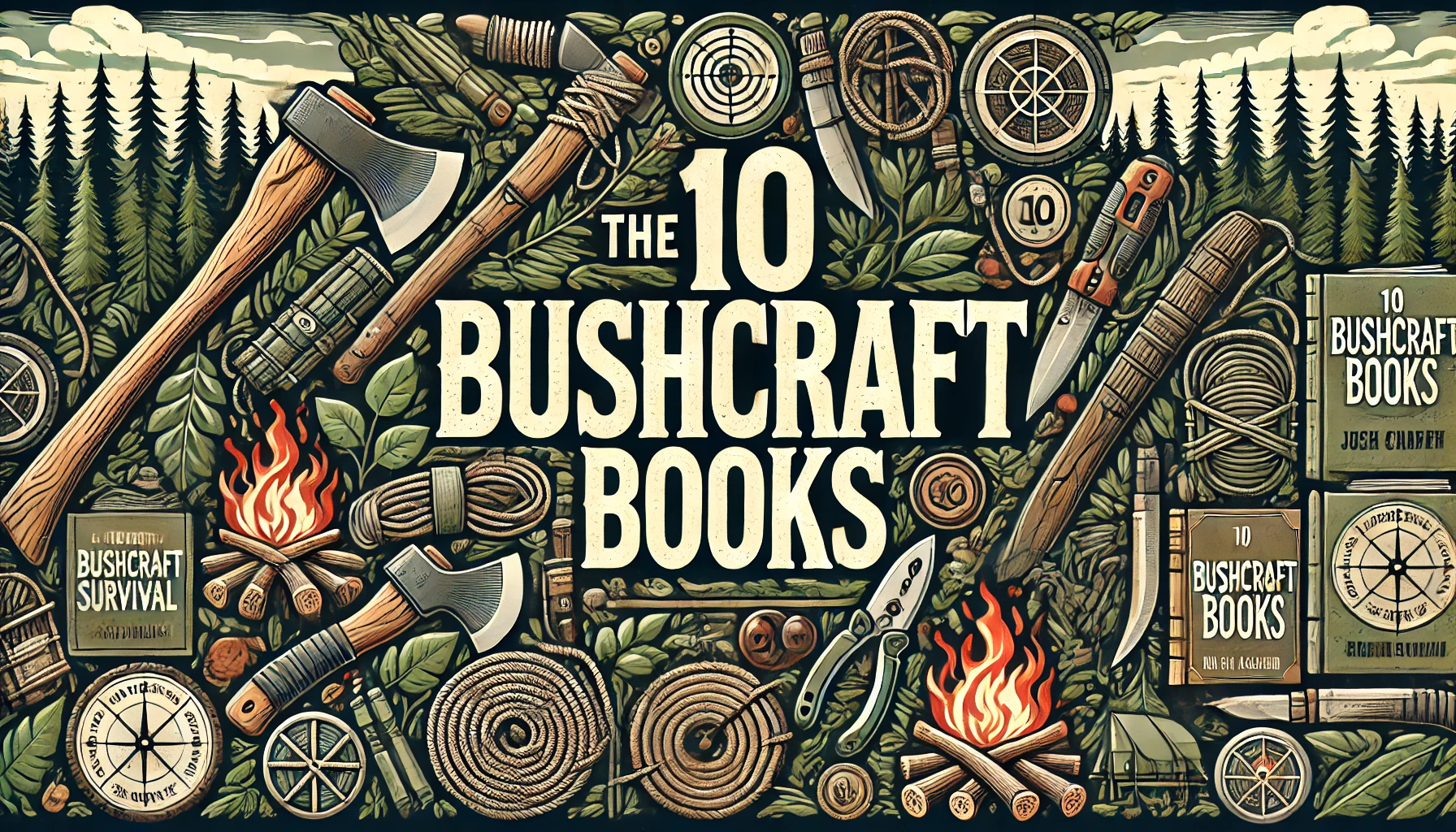 Bushcraft-themed banner featuring a natural outdoor background with dense forests, campfires, and rugged bushcraft tools such as axes, ropes, and fire starters. The title 'The 10 Bushcraft Books' is prominently displayed in bold, high-contrast text, with earthy tones of green, brown, and gray creating a rustic, wilderness survival atmosphere