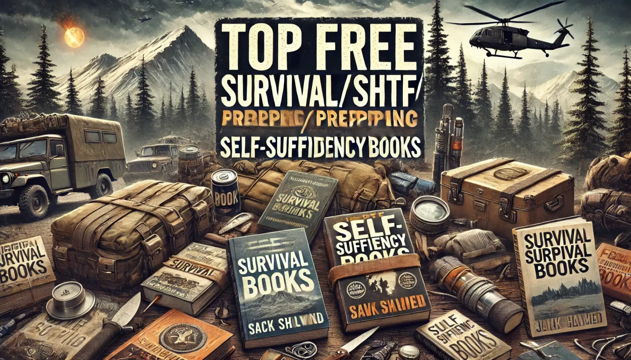 Top Free Survival/SHTF/Prepping/Self Sufficiency Books' with a natural outdoor background, including forests, mountains, and survival gear, alongside various book covers related to survival, prepping, and self-sufficiency