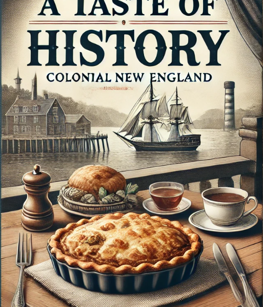 Colonial New England, featuring people in 18th and 19th-century attire, enjoying traditional Rhode Island dishes with English, Irish, Portuguese, and Italian influences, including seafood, corn, maple sugar, and turkey.