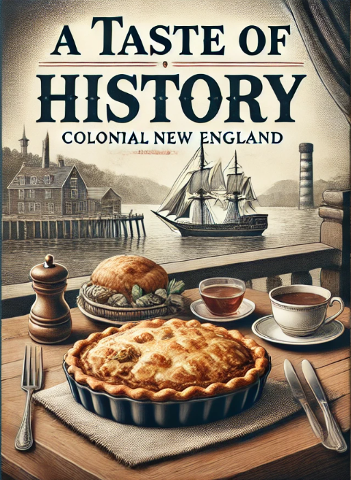 Colonial New England, featuring people in 18th and 19th-century attire, enjoying traditional Rhode Island dishes with English, Irish, Portuguese, and Italian influences, including seafood, corn, maple sugar, and turkey.