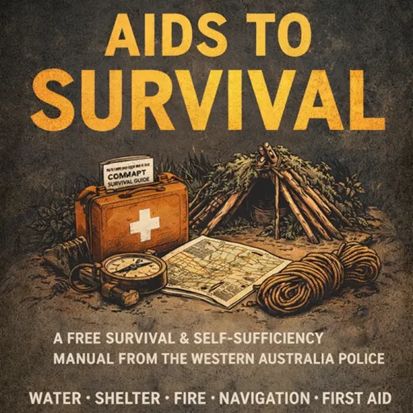 Aids to Survival book cover featuring a wilderness survival scene with emergency gear including a first aid kit, compass, map, rope, and campfire, representing a free survival PDF focused on self-sufficiency, emergency preparedness, and wilderness survival skills