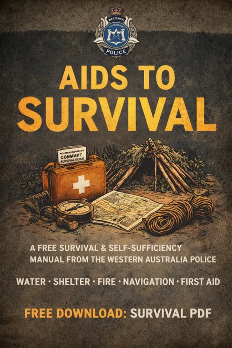 Aids to Survival book cover featuring a wilderness survival scene with emergency gear including a first aid kit, compass, map, rope, and campfire, representing a free survival PDF focused on self-sufficiency, emergency preparedness, and wilderness survival skills
