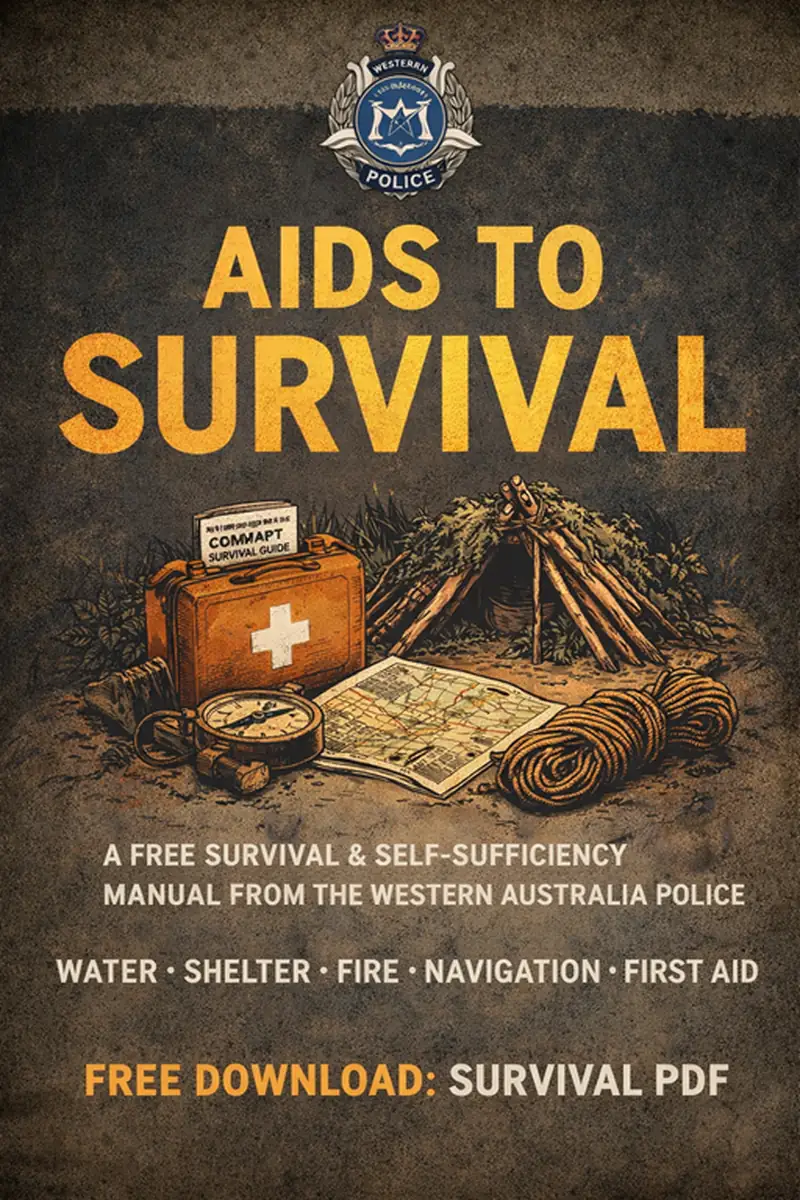 Aids to Survival book cover featuring a wilderness survival scene with emergency gear including a first aid kit, compass, map, rope, and campfire, representing a free survival PDF focused on self-sufficiency, emergency preparedness, and wilderness survival skills